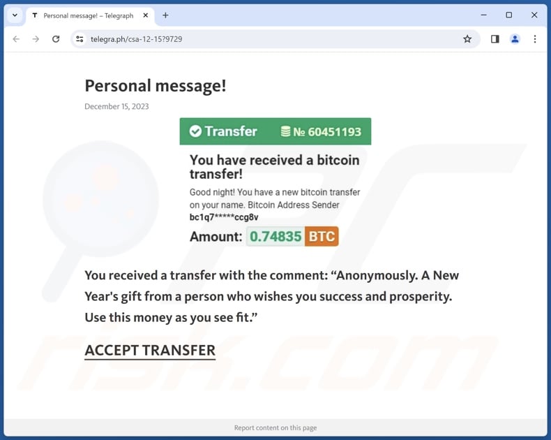 You Have Received A Bitcoin Transfer Scam - Removal and recovery ...