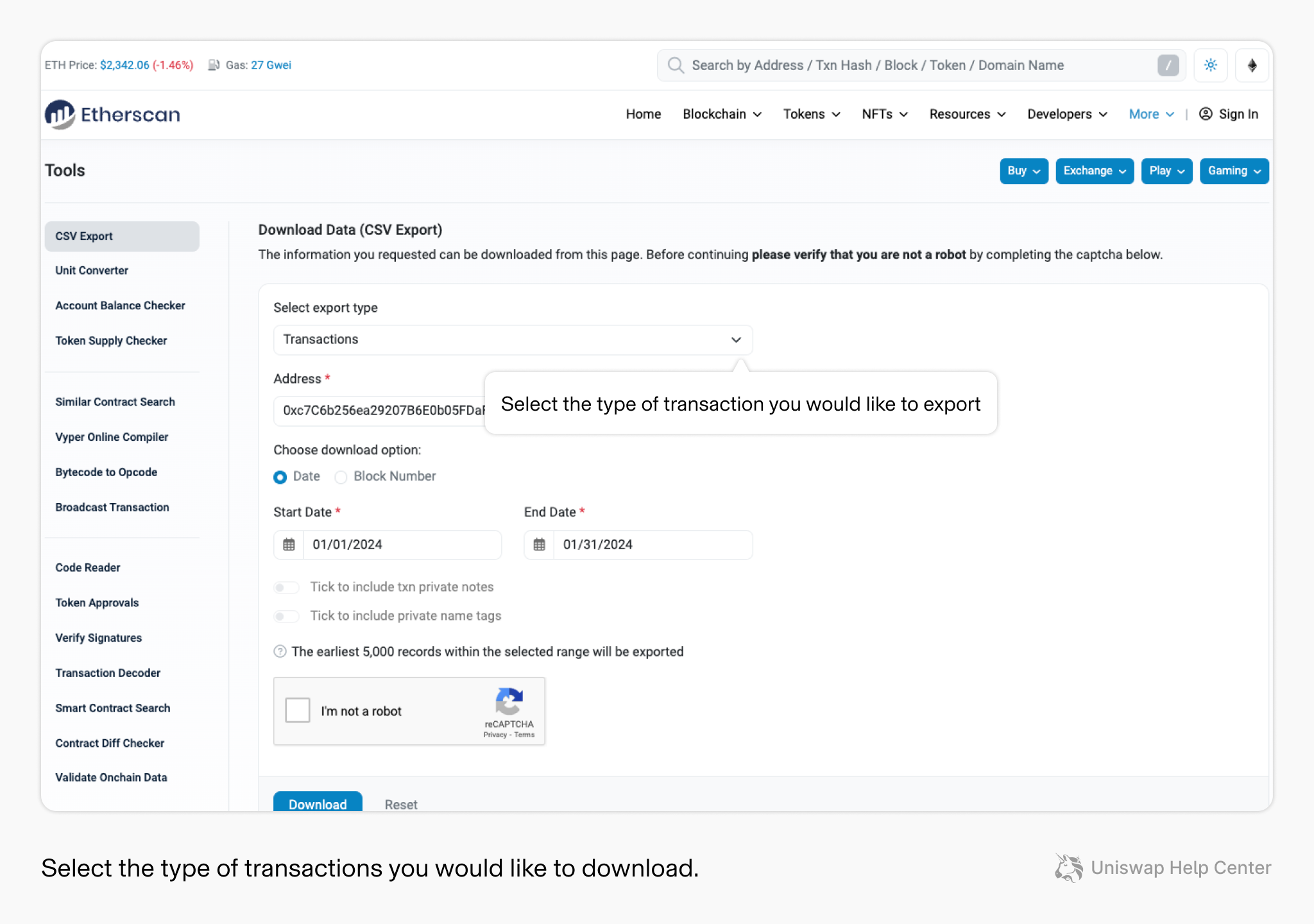 How to download transaction history on Etherscan – Uniswap Labs